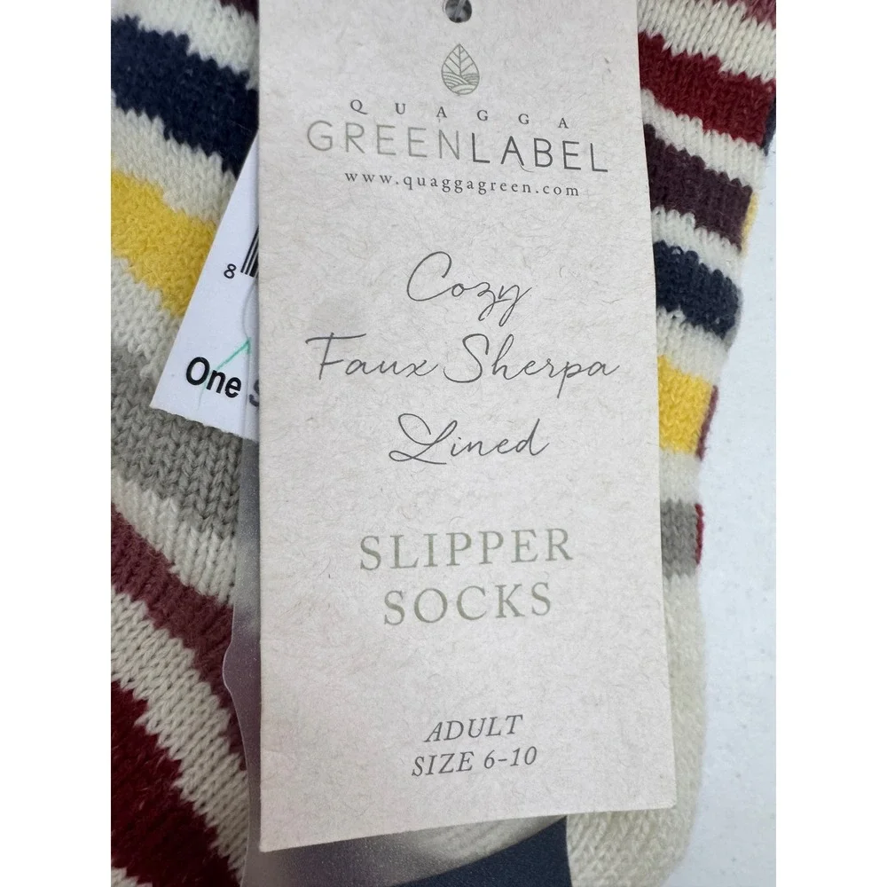 Quagga Green Label Faux Sherpa Lined Slipper Socks Striped Adult Sz 6-10 Comfy‎